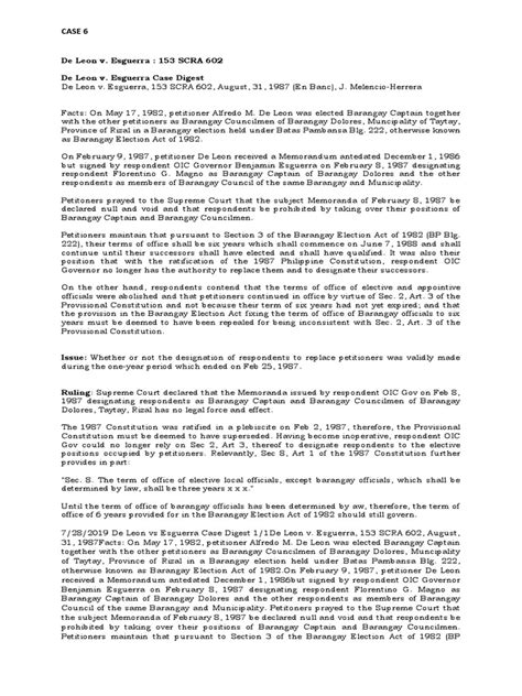 Case Digest: De Leon v. Esguerra : 153 SCRA 602.